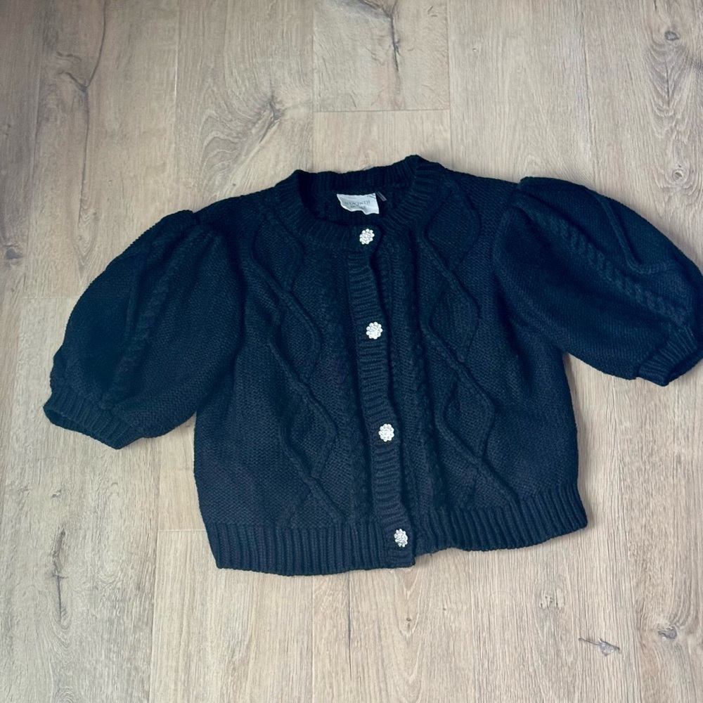Black Puff Sleeve Cable Knit Cardigan with Decorative Buttons